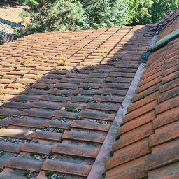 Cleanhouse_warszawa - Czerwona dachówka ceramiczna pokryta mchem i porostami, widok z góry, z elementami instalacji na krawędzi dachu oraz zielenią w tle.