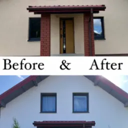 Porównanie elewacji domu przed i po malowaniu: odcień beżowy zastąpiony czystą bielą, widoczna zmiana koloru dachu z ciemnego na jaśniejszy szary, zieleń tui po prawej stronie i czarny metalowy...