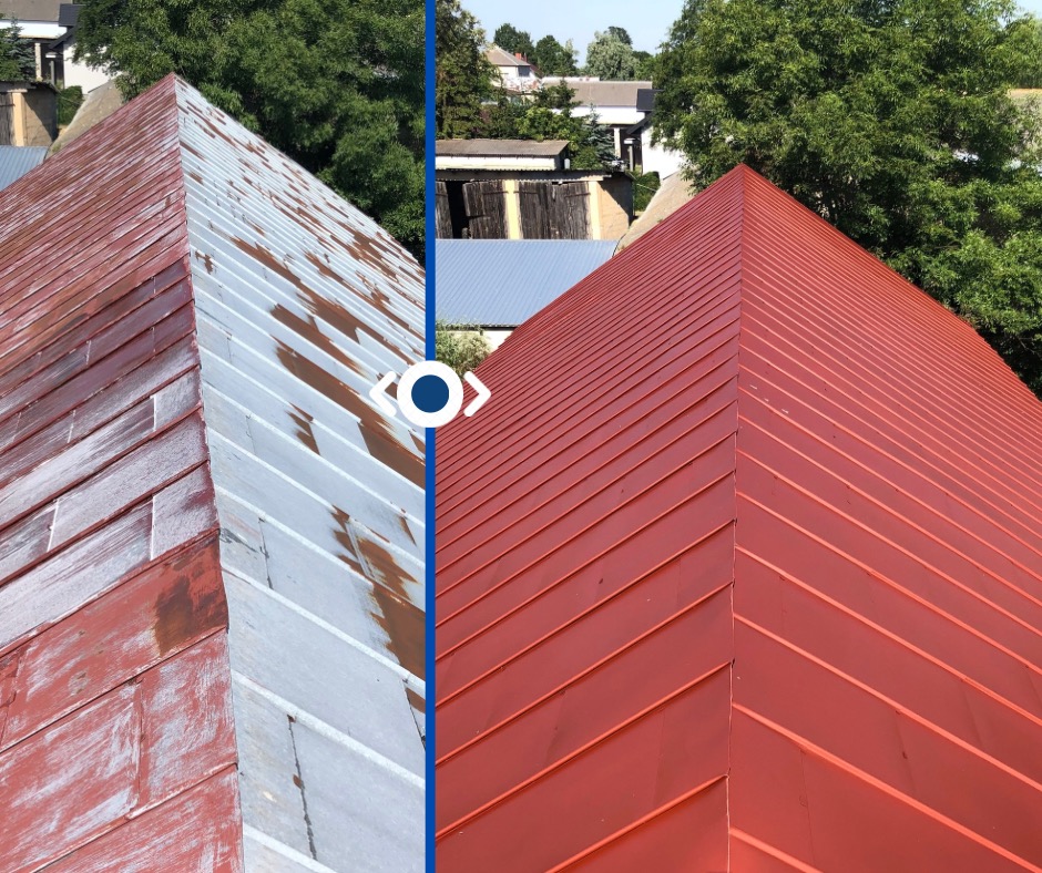 Porównanie dachu przed i po renowacji: zniszczona, częściowo oczyszczona powierzchnia po lewej stronie i odnowiony, czerwony dach z blachy falistej po prawej stronie.