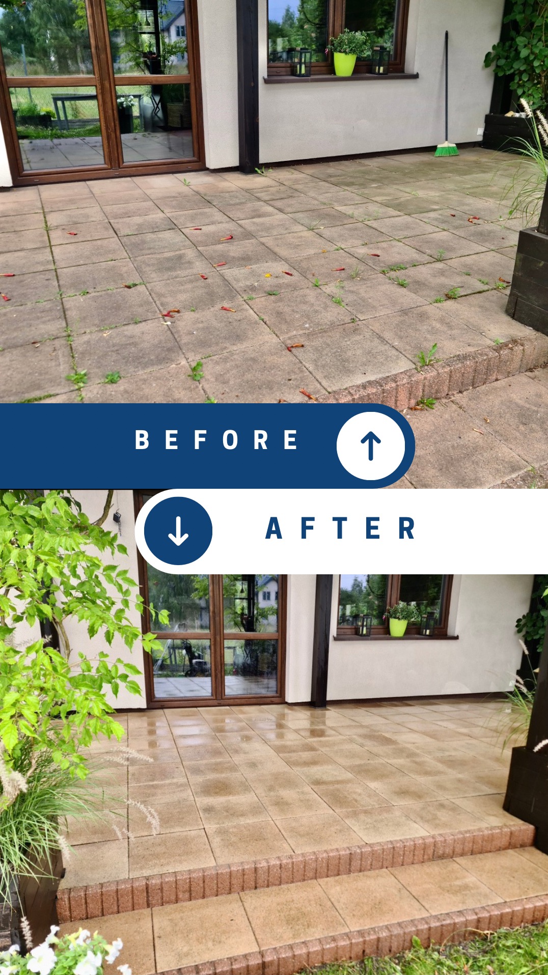 Porównanie stanu kostki brukowej przed i po czyszczeniu: górna część zdjęcia przedstawia brudną kostkę z chwastami, dolna część ukazuje czystą, mokrą kostkę po zabiegu.