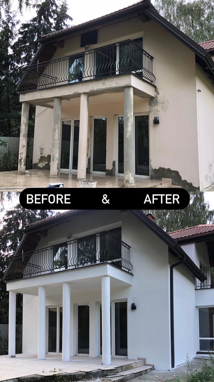 Dom dwukondygnacyjny z balkonem: porównanie stanu elewacji przed i po malowaniu, widoczne różnice w kolorze i wykończeniu.