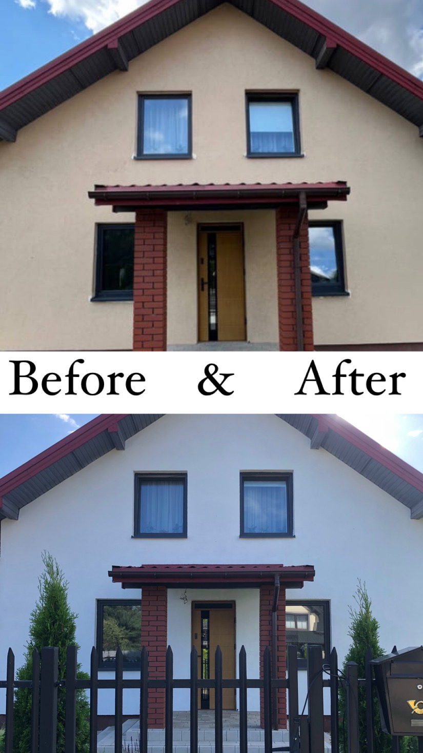 Porównanie elewacji domu przed i po malowaniu: odcień beżowy zastąpiony czystą bielą, widoczna zmiana koloru dachu z ciemnego na jaśniejszy szary, zieleń tui po prawej stronie i czarny metalowy...