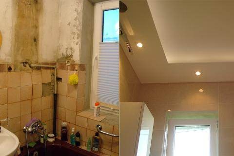 Porównanie stanu łazienki przed i po remoncie: po lewej zdemontowane płytki i stara instalacja, po prawej gładkie ściany, nowy sufit z oświetleniem punktowym i jasne płytki.