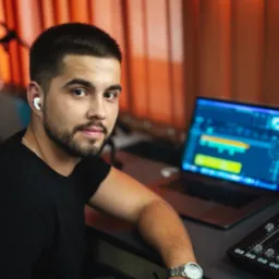 Młody mężczyzna z brodą, w słuchawkach bezprzewodowych, siedzi przed laptopem z otwartym programem do edycji audio i mikserem dźwięku Rode, spogląda w obiektyw.