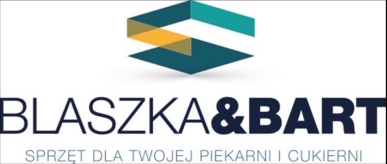 Logo firmy Blaszka & Bart prezentujące sprzęt dla piekarni i cukierni, z geometrycznym symbolem w odcieniach turkusu i żółci powyżej nazwy.