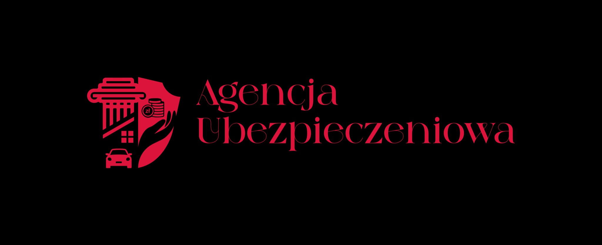 Logo Agencji Ubezpieczeniowej w kolorze czerwonym na czarnym tle, zawierające stylizowane ikony domu, samochodu, kolumny i monet wewnątrz tarczy.