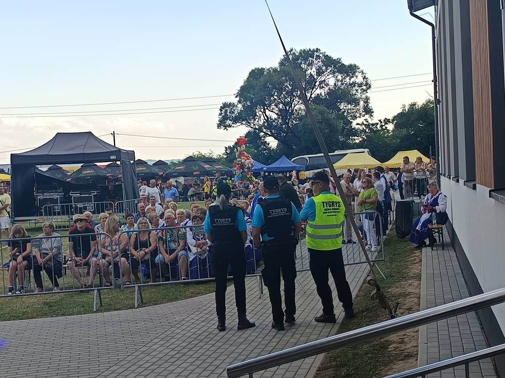 Ochrona imprezy plenerowej: trzech ochroniarzy w kamizelkach z napisem 'TYGRYS' stoi tyłem do widza, obserwując zgromadzony tłum przed sceną pod namiotem.
