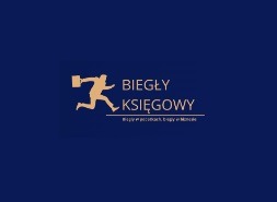 Złote logo przedstawiające sylwetkę biegnącego mężczyzny z teczką, obok napis 'BIEGŁY KSIĘGOWY' na granatowym tle.