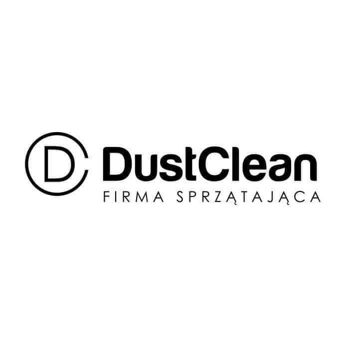 Logo firmy sprzątającej DustClean z okrągłym symbolem 'D' i napisem 'FIRMA SPRZĄTAJĄCA' pod spodem.