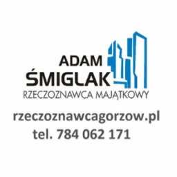 Logo firmy Adam Śmiglak, rzeczoznawca majątkowy, z niebieską ikoną stylizowanych budynków, adresem strony internetowej rzeczoznawcagorzow.pl i numerem telefonu 784 062 171.