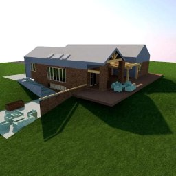 ARCHETINO Studio Design - Wizualizacja 3D domu z cegły z tarasem i meblami ogrodowymi, na tle zielonego trawnika. Ukazane detale architektoniczne i otoczenie.