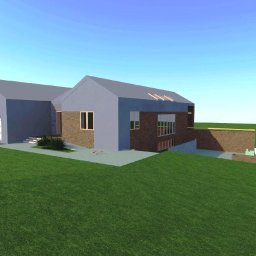 ARCHETINO Studio Design - Wizualizacja 3D nowoczesnego domu jednorodzinnego z garażem, z elementami cegły na elewacji i dużymi oknami, otoczonego zielonym trawnikiem w słoneczny dzień.