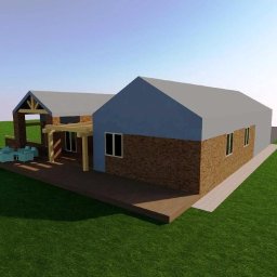 ARCHETINO Studio Design - Wizualizacja 3D domu z ceglaną elewacją, drewnianym tarasem i pergolą. Na tarasie zestaw mebli wypoczynkowych. Tło: trawnik i błękitne niebo.