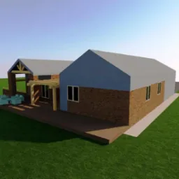 Wizualizacja 3D domu z ceglaną elewacją, drewnianym tarasem i pergolą. Na tarasie zestaw mebli wypoczynkowych. Tło: trawnik i błękitne niebo.