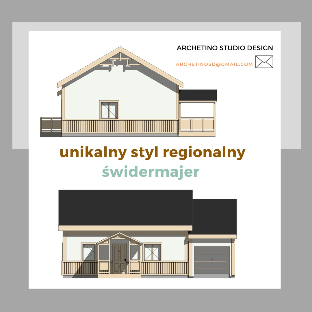 Projekt domu w stylu świdermajer. Dwie wizualizacje elewacji, z widocznym gankiem i garażem. Unikalny styl regionalny, jasna kolorystyka, drewniane detale.