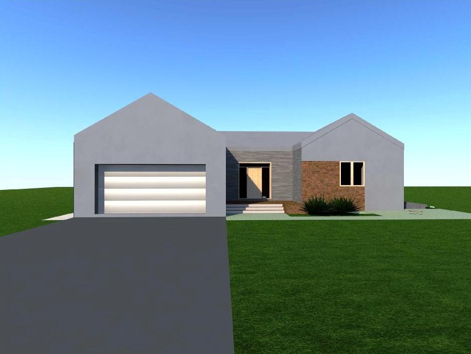 Wizualizacja domu jednorodzinnego z garażem, elewacją w odcieniach szarości i elementami cegły. Ujęcie frontalne, w tle błękitne niebo i zielony trawnik.
