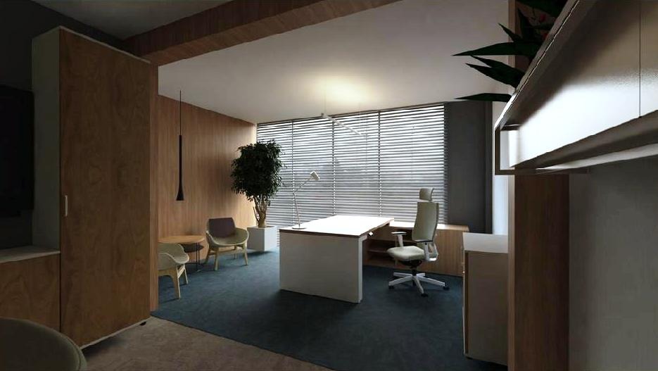 Nowoczesne biuro z drewnianymi panelami, biurkiem i roletami. Wnętrze doświetlone, z roślinami. Krzesła biurowe i lampa dodają funkcjonalności.