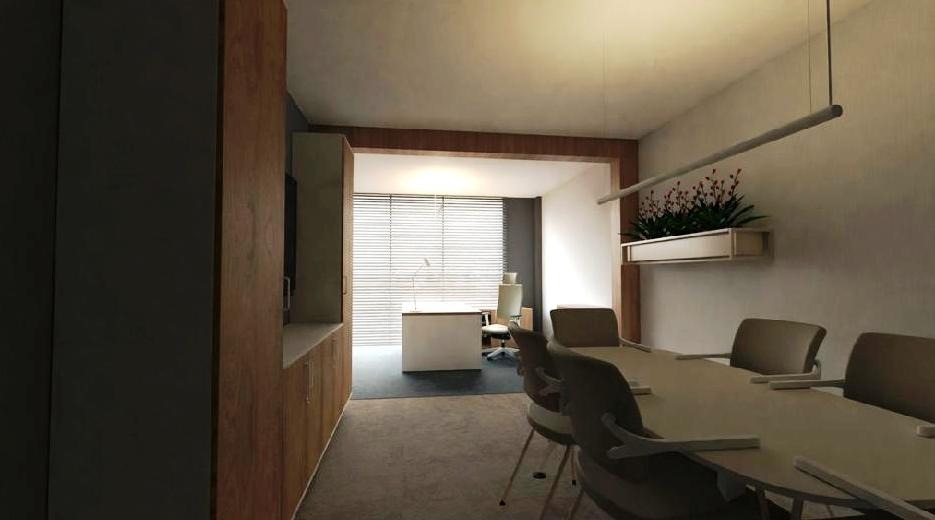 Nowoczesne biuro z długim stołem konferencyjnym, minimalistycznym oświetleniem i roślinami w donicach. Widok na biurko za przesłoniętym oknem.