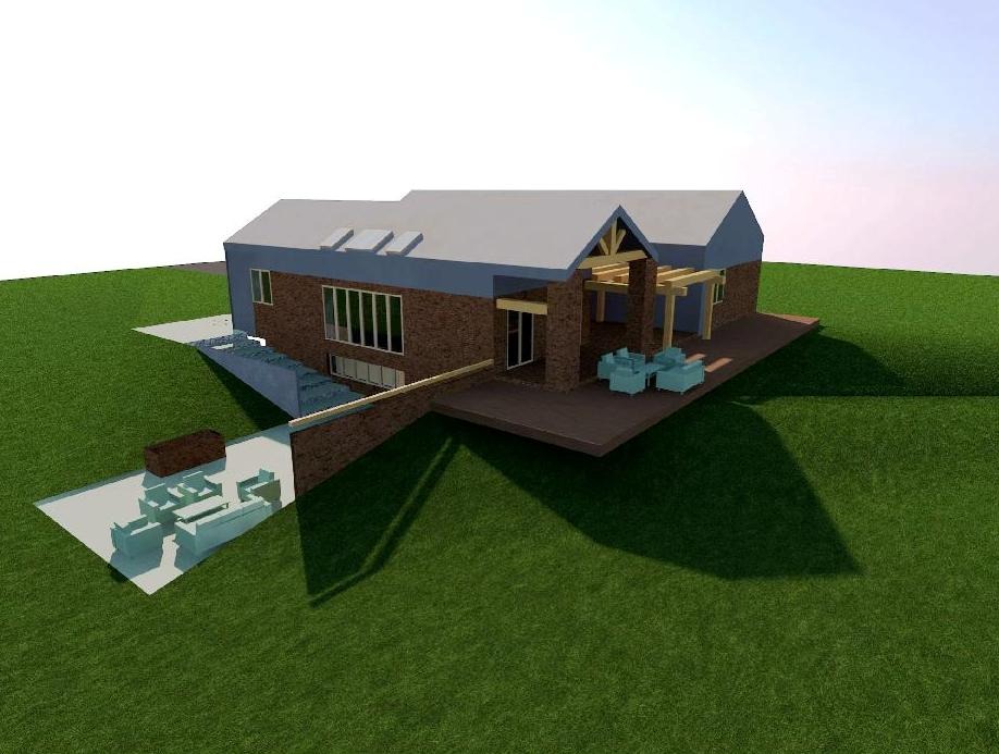 Wizualizacja 3D domu z cegły z tarasem i meblami ogrodowymi, na tle zielonego trawnika. Ukazane detale architektoniczne i otoczenie.