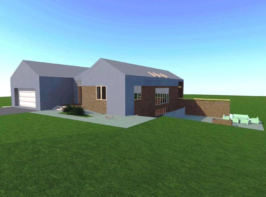 Wizualizacja 3D nowoczesnego domu jednorodzinnego z garażem, z elementami cegły na elewacji i dużymi oknami, otoczonego zielonym trawnikiem w słoneczny dzień.