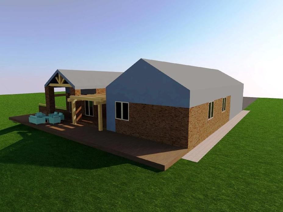 Wizualizacja 3D domu z ceglaną elewacją, drewnianym tarasem i pergolą. Na tarasie zestaw mebli wypoczynkowych. Tło: trawnik i błękitne niebo.