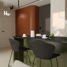 Nowoczesna kuchnia z wyspą w odcieniach zieleni i czerni, minimalistyczne krzesła barowe, na blacie naczynia i artyczok, w tle zabudowa kuchenna z kamiennym blatem i okapem.