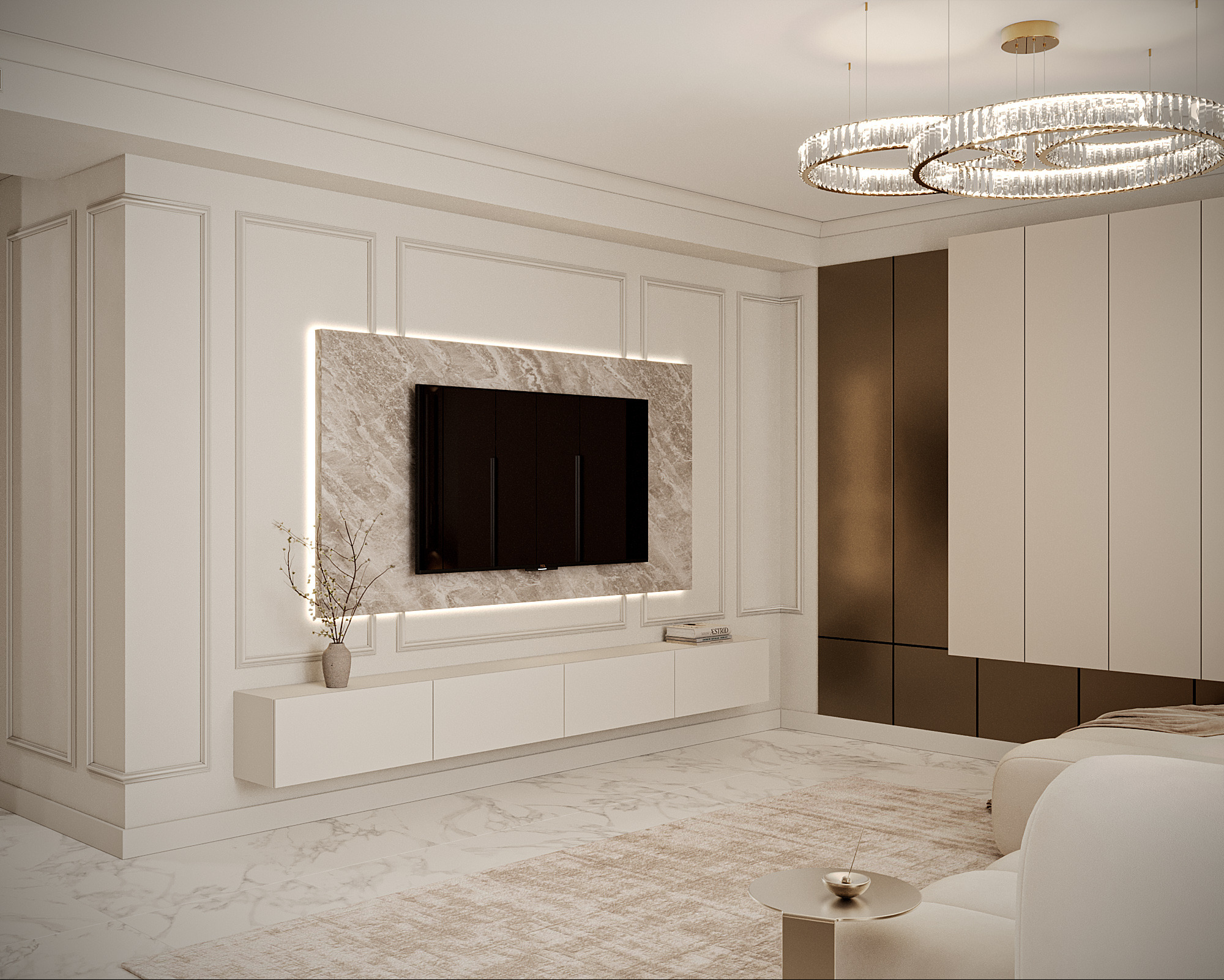 Elegancki salon z marmurową ścianą podświetloną LED, minimalistyczną szafką RTV i dekoracyjnym oświetleniem sufitowym. Jasne barwy i nowoczesny design.