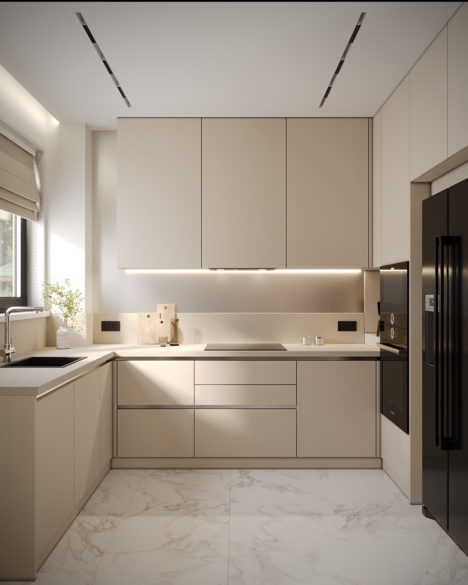 Nowoczesna kuchnia w beżowej tonacji z marmurową podłogą. Minimalistyczne szafki, subtelne oświetlenie LED i czarna lodówka tworzą elegancką przestrzeń.