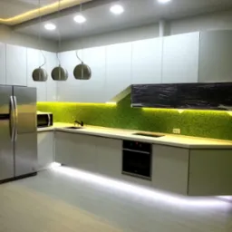 Nowoczesna kuchnia z białymi szafkami, zieloną mozaiką na ścianie, podświetleniem LED pod szafkami i trzema kulistymi lampami wiszącymi.