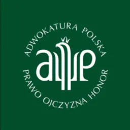 Logo Adwokatury Polskiej na zielonym tle, z białym orłem w koronie stylizowanym na litery A, P, E, oraz napisem 'Prawo Ojczyzna Honor' i 'Adwokatura Polska'.