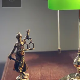 Statuetka Temidy z wagą i mieczem na drewnianym biurku, obok lampka biurkowa z zielonym kloszem, w tle logo kancelarii.