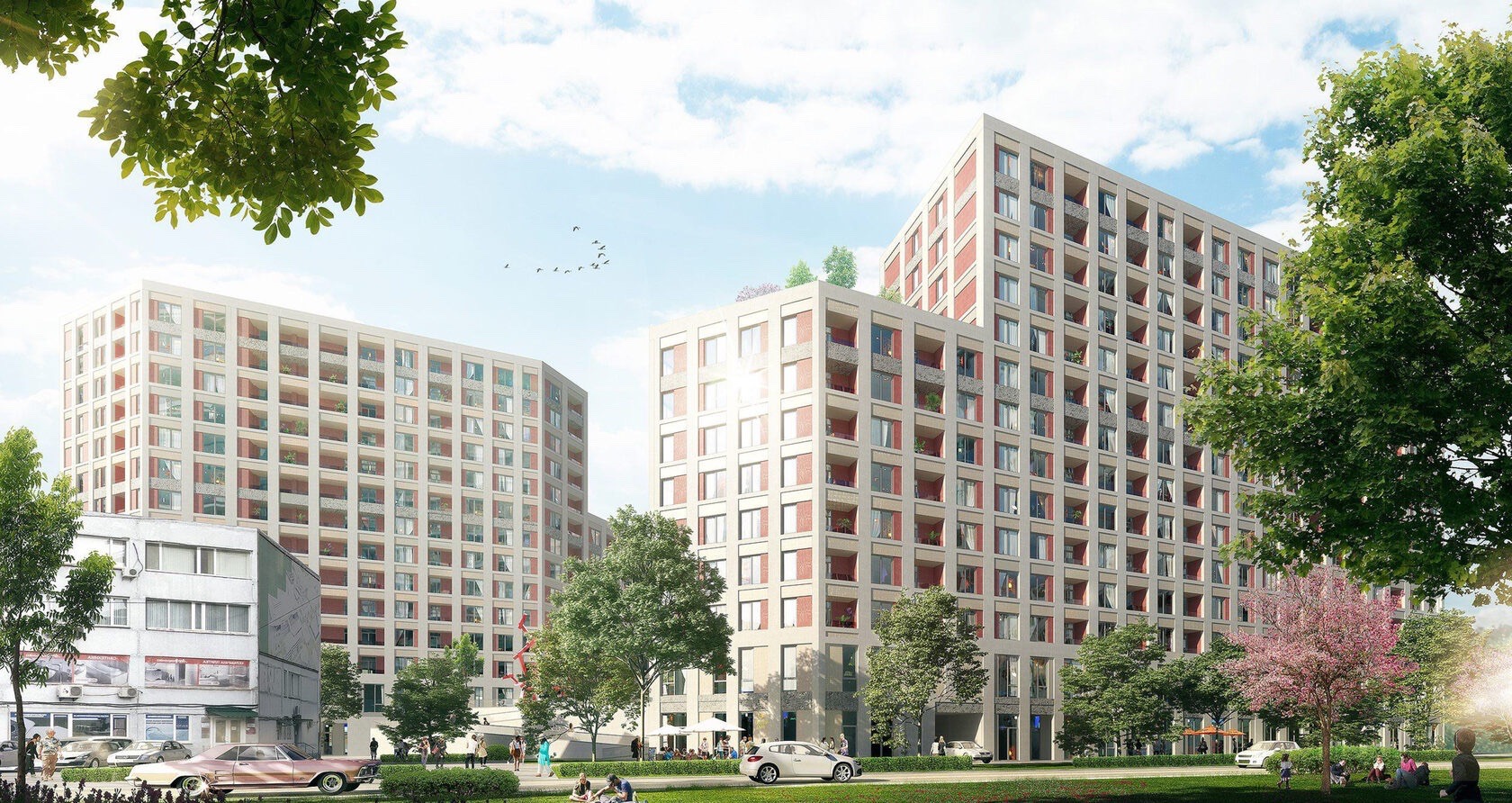 Wizualizacja dwóch nowoczesnych, wielopiętrowych budynków mieszkalnych z balkonami, otoczonych zielenią i parkiem, z widocznymi ludźmi odpoczywającymi na trawie oraz przejeżdżającym samochodem...