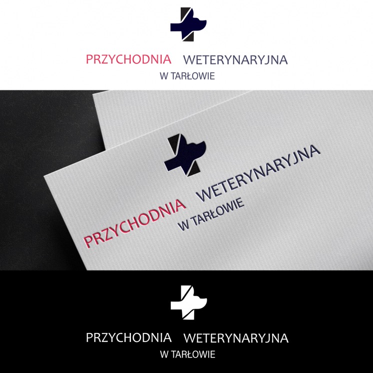 Wizualizacja logo dla przychodni weterynaryjnej 'Przychodnia Weterynaryjna w Tarłowie' z symbolem krzyża i głowy psa, zaprezentowana na dwóch wizytówkach i w wersji monochromatycznej.