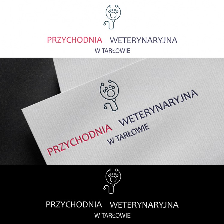 Wizualizacja logo przychodni weterynaryjnej z motywem stetoskopu i odcisku łapy zwierzęcia, przedstawiona na białym tle oraz w negatywie na czarnym tle.