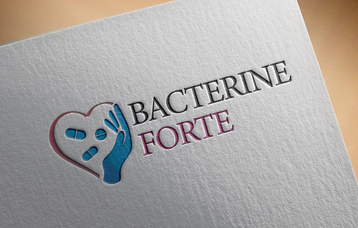 Logo 'Bacterine Forte' na teksturowanym papierze, z motywem serca zawierającego dłoń i pigułki, w kolorach czarnym, różowym i niebieskim.