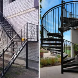 Zestawienie dwóch zdjęć schodów metalowych: zewnętrzne schody proste z ozdobnymi balustradami przy białej ścianie z cegły oraz nowoczesne, spiralne schody zewnętrzne z widokiem na ogród i jezioro.