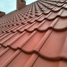 Czerwona dachówka ceramiczna na skośnym dachu, widoczny komin z cegły i antena telewizyjna na tle pochmurnego nieba.