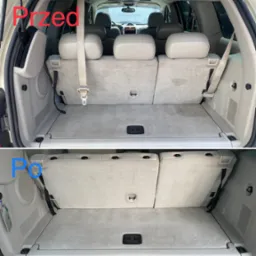 Dzielone zdjęcie bagażnika samochodu typu SUV: górna część pokazuje zabrudzony, beżowy dywan, a dolna część prezentuje ten sam dywan po czyszczeniu, z wyraźnie jaśniejszym kolorem i usuniętymi...