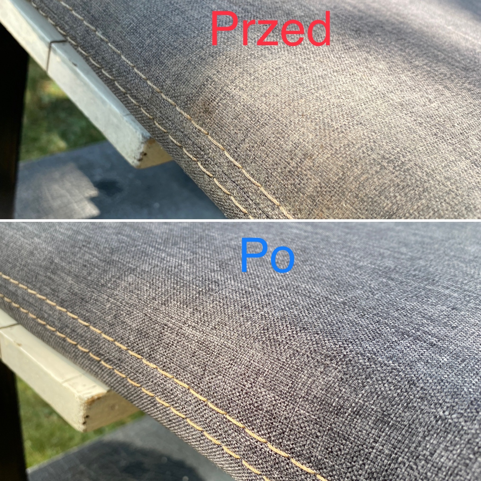 Tapicerka szarego siedziska ogrodowego 'przed' z widoczną plamą i 'po' czyszczeniu, ukazująca różnicę w wyglądzie tkaniny.