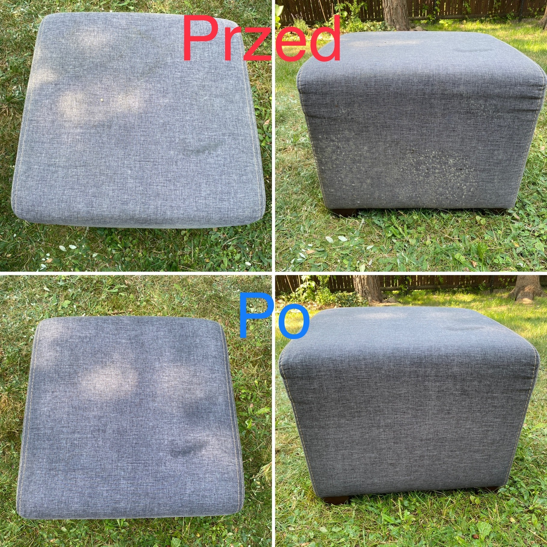 Kolaż przedstawiający szarą, tapicerowaną pufę na trawie w dwóch stanach: zabrudzoną (przed) i czystą (po), ukazując efekt czyszczenia tapicerki.