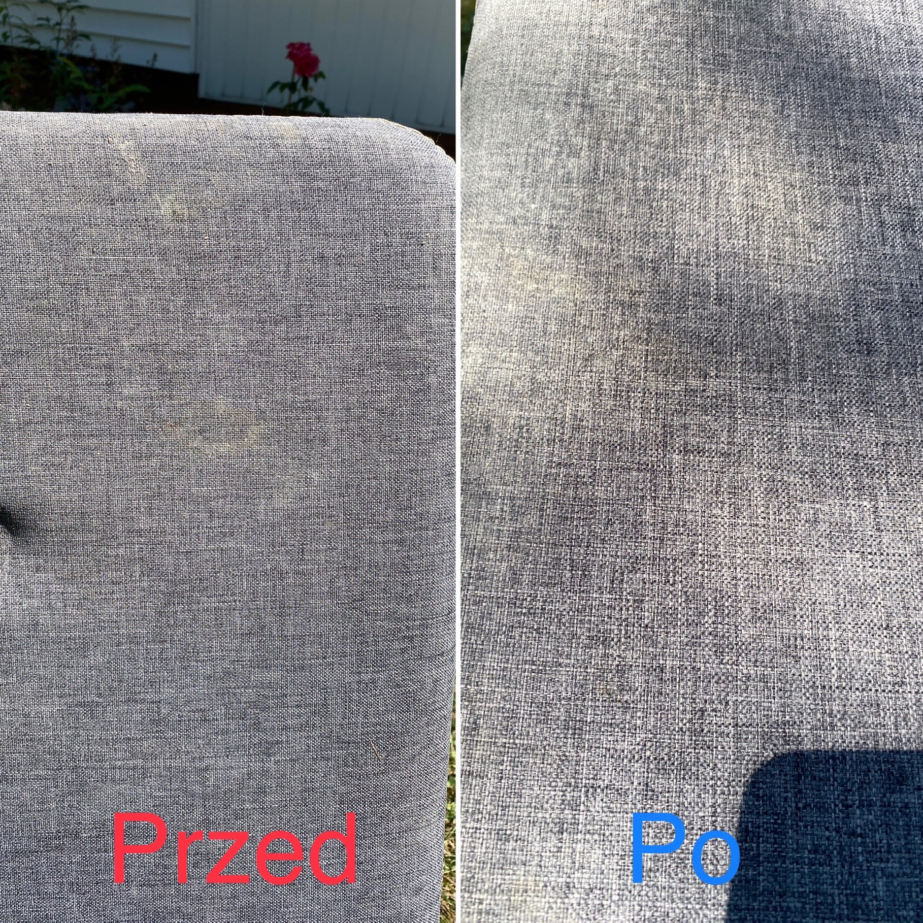 Porównanie fragmentu szarej tapicerki meblowej przed i po czyszczeniu, widoczne plamy przed i czysta powierzchnia po, z napisem 'Przed' i 'Po'.
