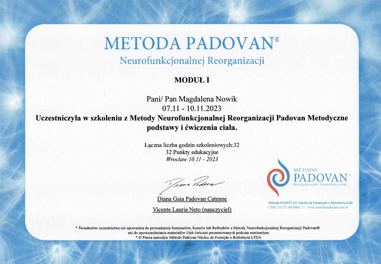 Certyfikat ukończenia szkolenia z Metody Neurofunkcjonalnej Reorganizacji Padovan dla Magdaleny Nowik, z datami 07.11-10.11.2023, podpisany przez Diana Gaia Padovan Catenne i Vicente Lauria Neto.