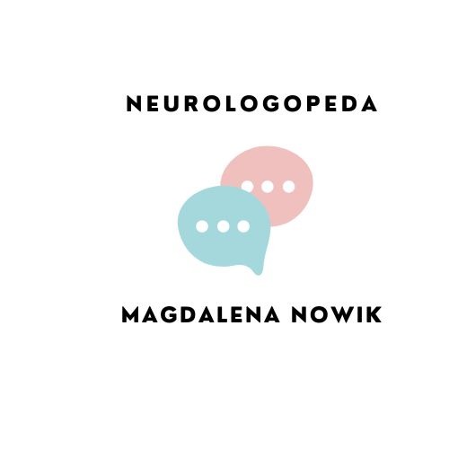 Grafika z napisem 'Neurologopeda Magdalena Nowik' oraz dwoma stylizowanymi dymkami w kolorach pastelowego różu i błękitu.