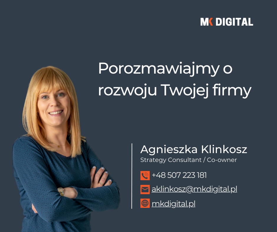 Portret uśmiechniętej kobiety, Agnieszki Klinkosz, konsultantki strategicznej i współwłaścicielki MK Digital, z tekstem 'Porozmawiajmy o rozwoju Twojej firmy' i danymi kontaktowymi.