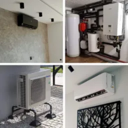 Kolaż czterech zdjęć: czarny klimatyzator na teksturowanej ścianie z czarnymi lampami sufitowymi, instalacja z białym i czerwonym zbiornikiem oraz kotłem, zewnętrzna jednostka klimatyzatora...