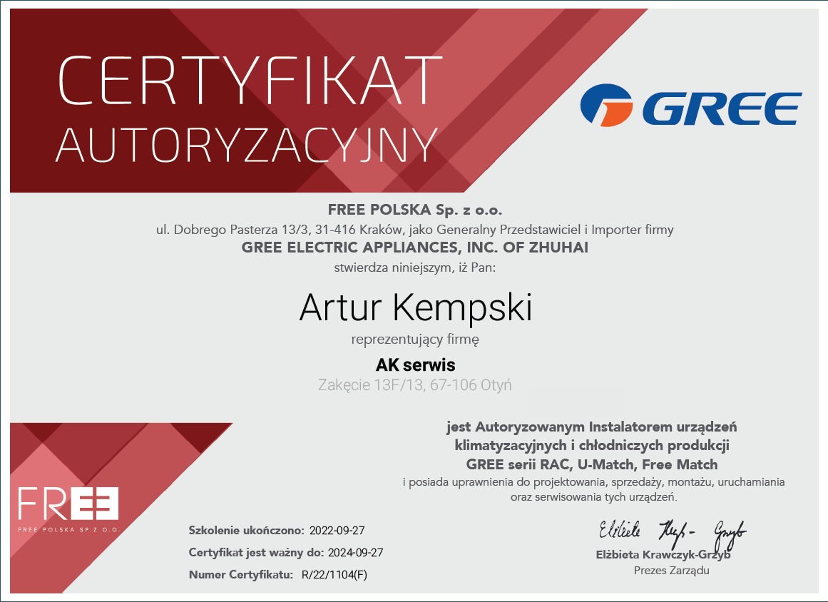 Certyfikat autoryzacyjny firmy AK Serwis dla urządzeń klimatyzacyjnych i chłodniczych marki Gree, ważny do 2024-09-27, podpisany przez Prezesa Zarządu Elżbietę Krawczyk-Grzyb.