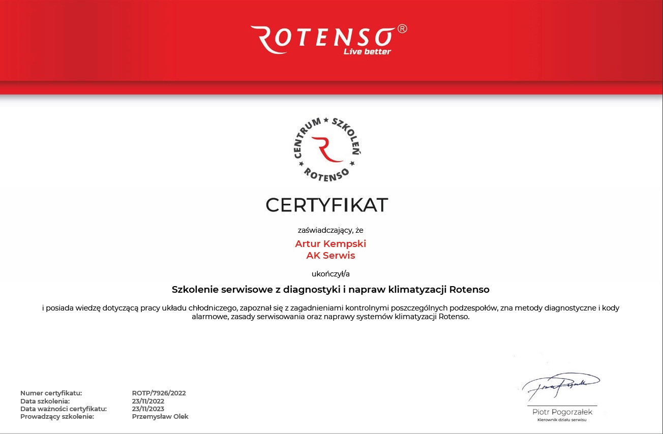 Certyfikat ukończenia szkolenia serwisowego z diagnostyki i napraw klimatyzacji Rotenso dla Artur Kempski AK Serwis, z datami szkolenia i ważności certyfikatu oraz podpisem kierownika działu serwisu.