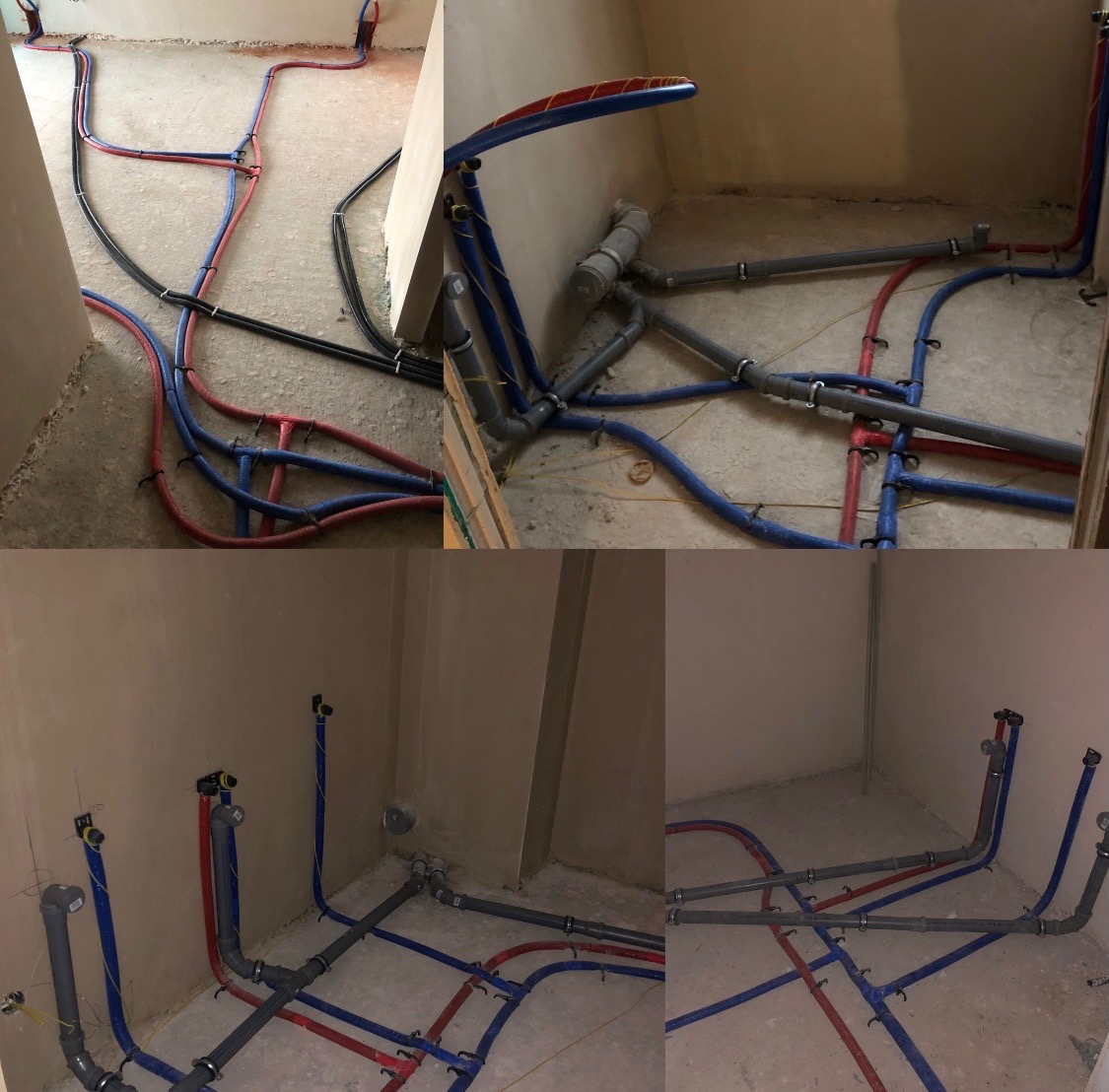 Wnętrze w trakcie instalacji wodno-kanalizacyjnej: widoczne rury w kolorach niebieskim, czerwonym i szarym, prowadzone po podłodze w surowym stanie, z mocowaniami do podłoża, na tle ścian...