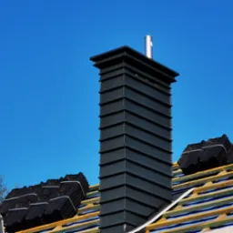 Nowy, czarny komin z blachy na dachu w trakcie krycia dachówką ceramiczną, widoczne pakiety dachówek czekające na montaż, niebieskie niebo w tle.