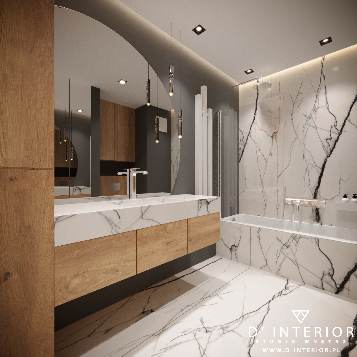 Wizualizacja nowoczesnej łazienki z marmurowymi płytkami, drewnianą szafką pod umywalką z białym blatem i podwieszanymi lampami. Widoczna wanna z parawanem i subtelne oświetlenie LED.
